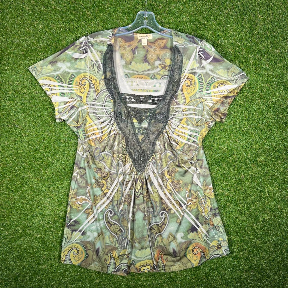 One World Green Paisley‎ Beaded V-Neck Short Sleeve Boho Knit Top Plus Size 1X